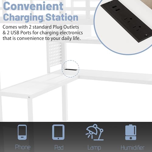 Queen Loft Bed with L-Shaped Desk and Stairs, Metal Frame, Black F92113