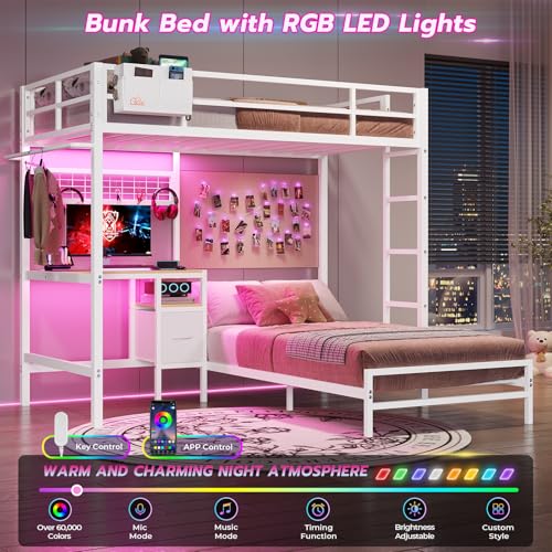 Twin Over Twin Bunk Bed with Desk, Charging Station and LED Lights F705929
