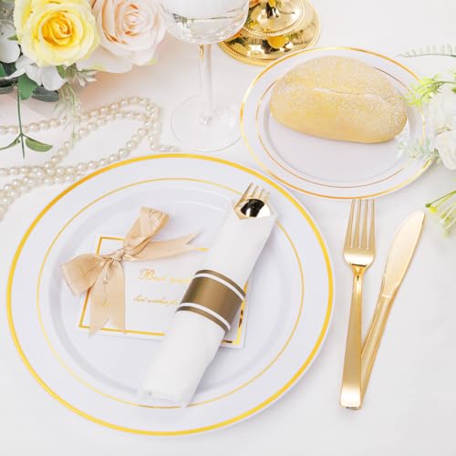 350PCS Clear Gold Plastic Dinnerware Set for 50 Guests, Disposable Plates, Cups & Silverware N692