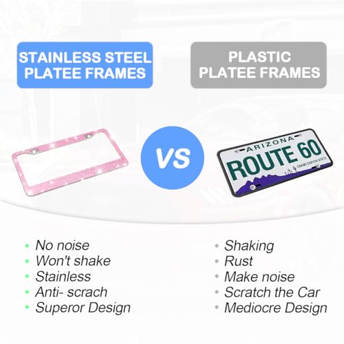 Crystal Diamond License Plate Frame, 2 Hole Stainless Steel Holder with Screw Caps, Universal Car Accessory N806374