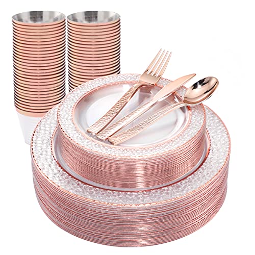 350PCS Clear Plastic Plates with Gold Trim for 50 Guests, Disposable Dinnerware Set O686017