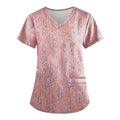 Womens Scrubs Floral Printed Short Sleeve Blouses V Neck Working T-Shirts Easy Care Scrubs Tops with Pocket