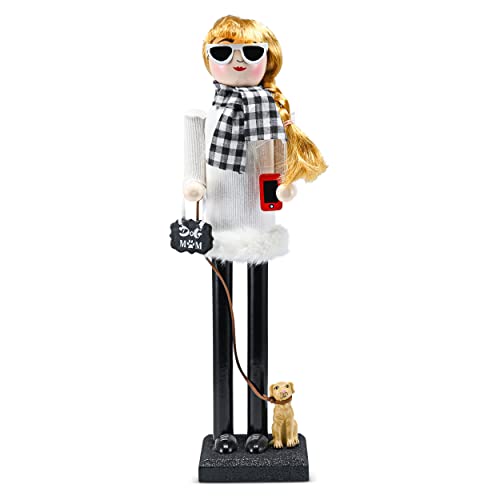 Ornativity Christmas Dog Mom Nutcracker – White and Black Wooden Nutcracker Woman with Dog on Leash and a Smartphone in Hand Xmas Themed Holiday Nut Cracker Doll Figure Decorations 15"