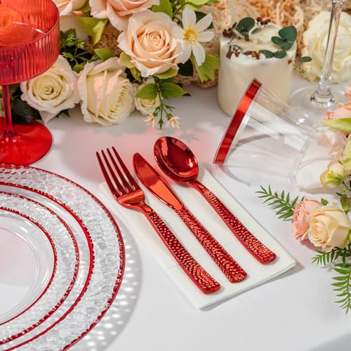 350PCS Clear Plastic Plates with Gold Trim for 50 Guests, Disposable Dinnerware Set O686017