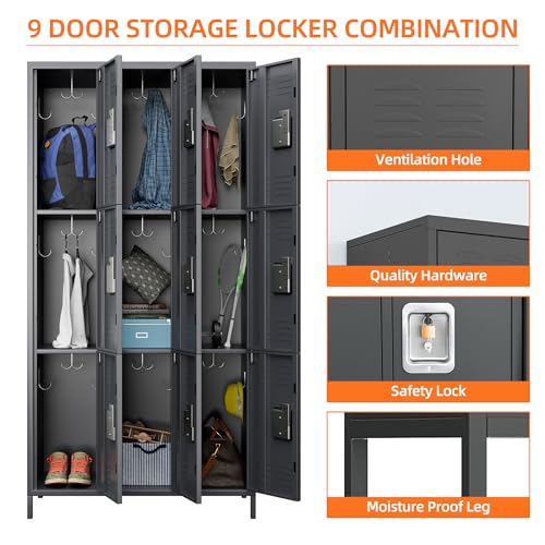 6 Door Metal Storage Locker with 18 Hooks, Black & Dark Grey K6611