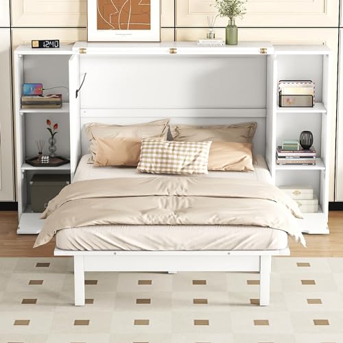 Queen Size Murphy Wall Bed with Storage and Bookcase Headboard J770