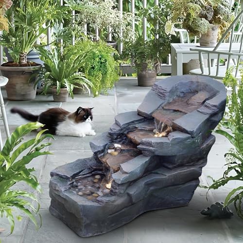 37" Outdoor Garden Water Fountain, 5-Tier Rock Waterfall with LED Lights H197