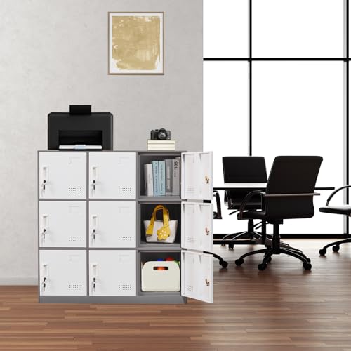 Steel Locker Organizer, 9-Door Locking Cabinet, Grey & White P6906