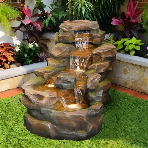 37" Outdoor Garden Water Fountain, 5-Tier Rock Waterfall with LED Lights H197