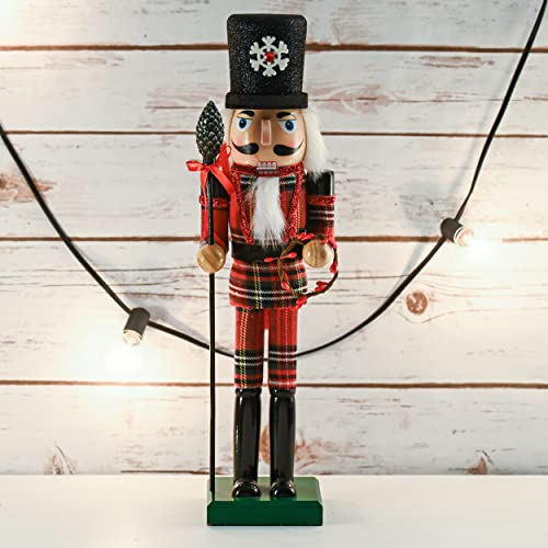 Christmas Buffalo Plaid Nutcracker Soldier with Acorn Staff, 15-Inch Wooden Holiday Decor X91654