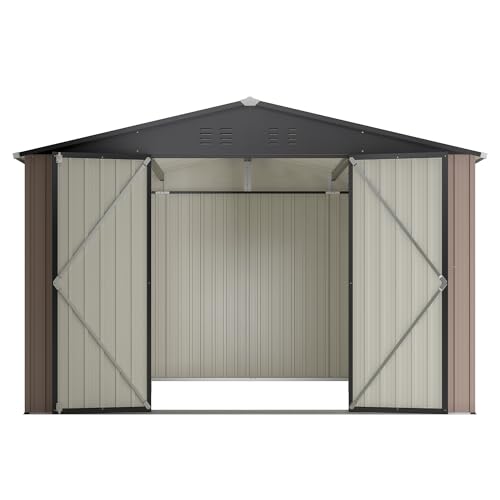 10x10 FT Outdoor Metal Storage Shed with Lockable Doors and Sloped Roof S888926