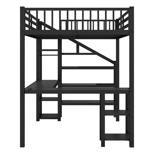 Full Size Metal Loft Bed with L-Shaped Desk and USB Port, Heavy Duty Frame with Wardrobe and Shelf I76318