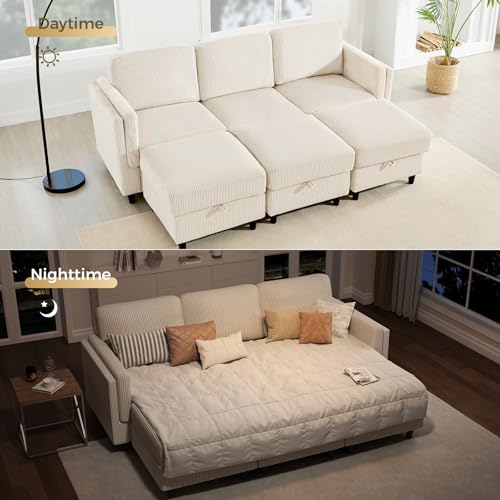 Modular Sectional Sofa Bed with Storage Ottoman, Beige S706