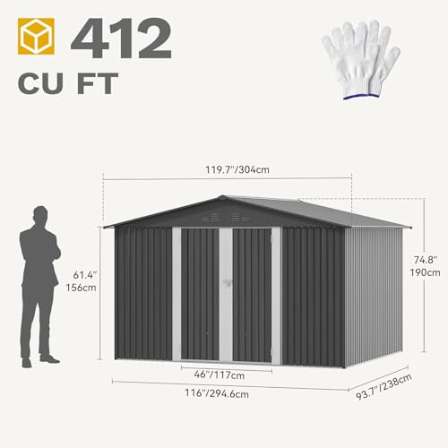 10x8ft Metal Outdoor Storage Shed with Lockable Door and Vents A44303