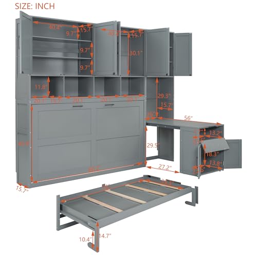 Wall Bed with Storage Cabinet and Desk, Folding Frame for Guestroom, Grey K678830