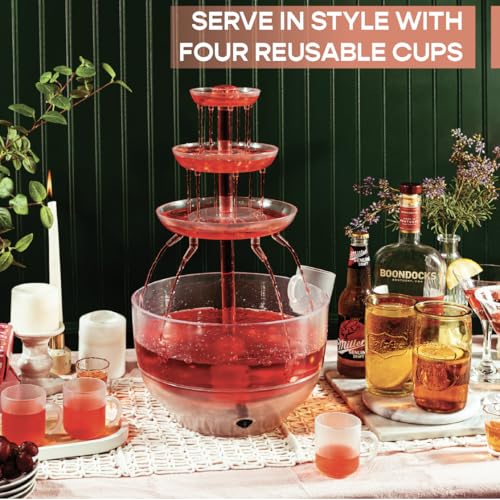 Drink Fountain for Parties - 1.5 Gal, 3 Tier Punch Bowl with LED Base, 4 Reusable Cups D308