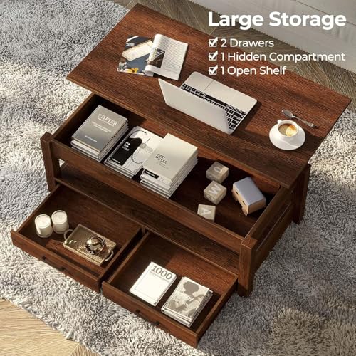 Lift Top Coffee Table with Drawers and Hidden Compartment, Wooden Retro Design for Living Room N4328