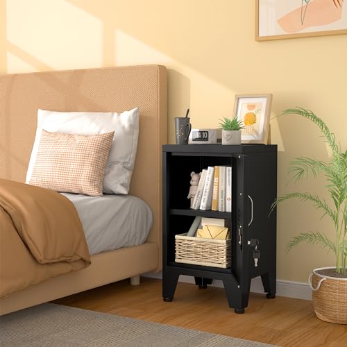 Black Metal Nightstand with Storage Cabinet and Shelves M836