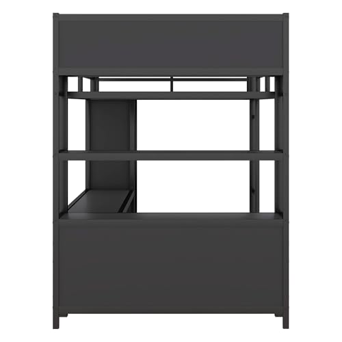 Metal Loft Bed with Wardrobe and L-Shaped Desk, Full Size with Storage Cubes and Shelves J450846
