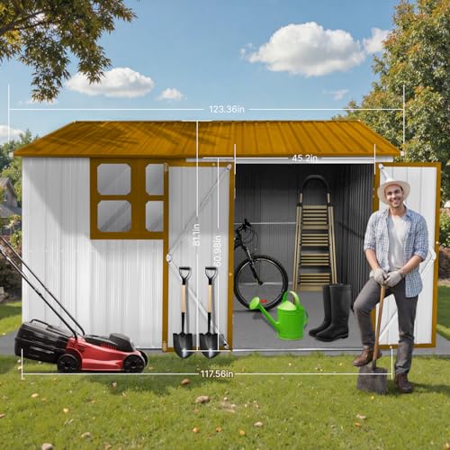 10 x 8 ft Outdoor Storage Shed, Metal Building with Windows and Lockable Doors, Grey Q206