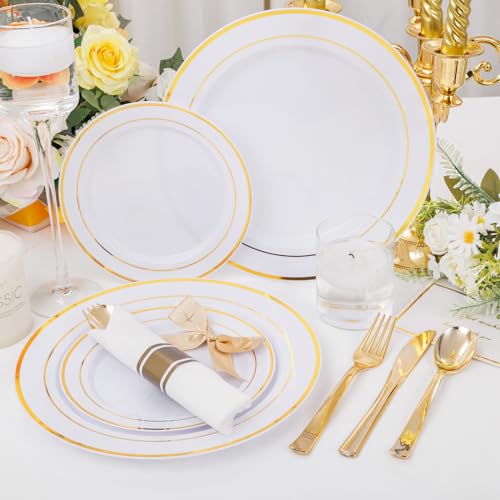 350PCS Clear Gold Plastic Dinnerware Set for 50 Guests, Disposable Plates, Cups & Silverware N692