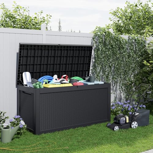 100 Gallon Resin Deck Box, Lockable Patio Outdoor Storage, Waterproof - Black F75230