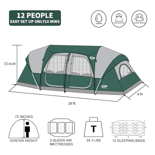 12-Person Camping Tent, 3 Room Family Tent, Waterproof Windproof with Carry Bag Q601154