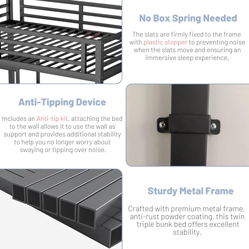 Queen Loft Bed with L-Shaped Desk and Stairs, Metal Frame, Black F92113