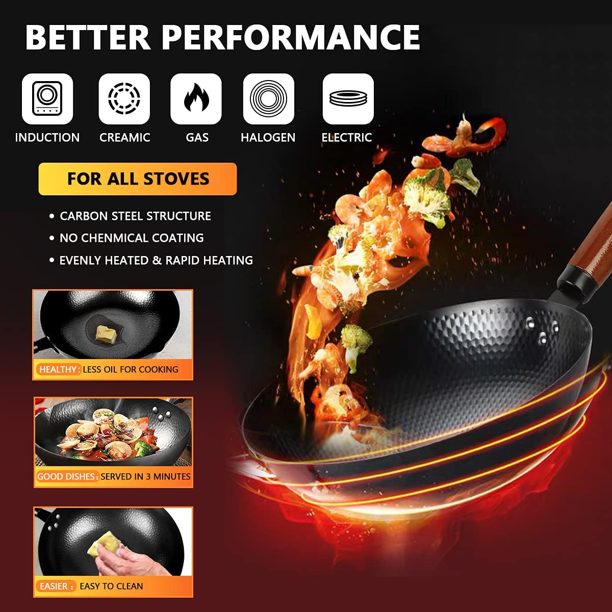 Carbon Steel Wok Pan Set with Wooden Lid, Flat Bottom, 14 Piece R623