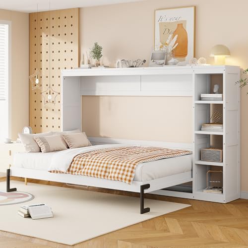 Full Size Horizontal Murphy Bed with Shelves, Foldable into Cabinet W154373