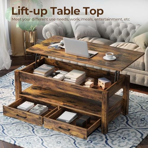 Lift Top Coffee Table with Drawers and Hidden Compartment, Wooden Retro Design for Living Room N4328