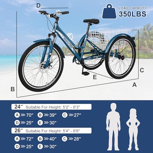Adult Mountain Tricycle, 7 Speed, 24-27.5 Inch Wheels with Basket J3388