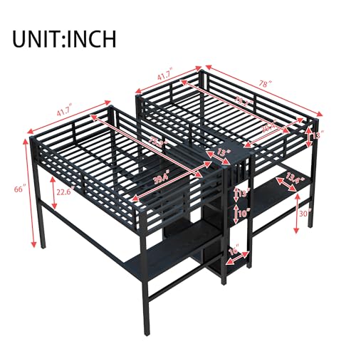 Metal Loft Bed with Wardrobe and L-Shaped Desk, Full Size with Storage Cubes and Shelves J450846