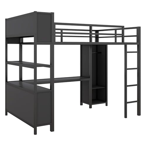Metal Loft Bed with Wardrobe and L-Shaped Desk, Full Size with Storage Cubes and Shelves J450846